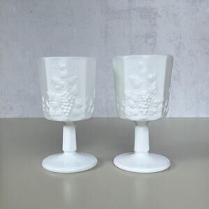 Two Vintage Westmoreland Milk Glass Paneled Grape Water Goblets